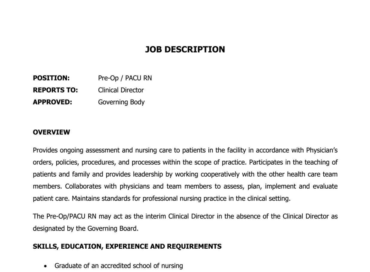 PreOp PACU RN Job Description Template